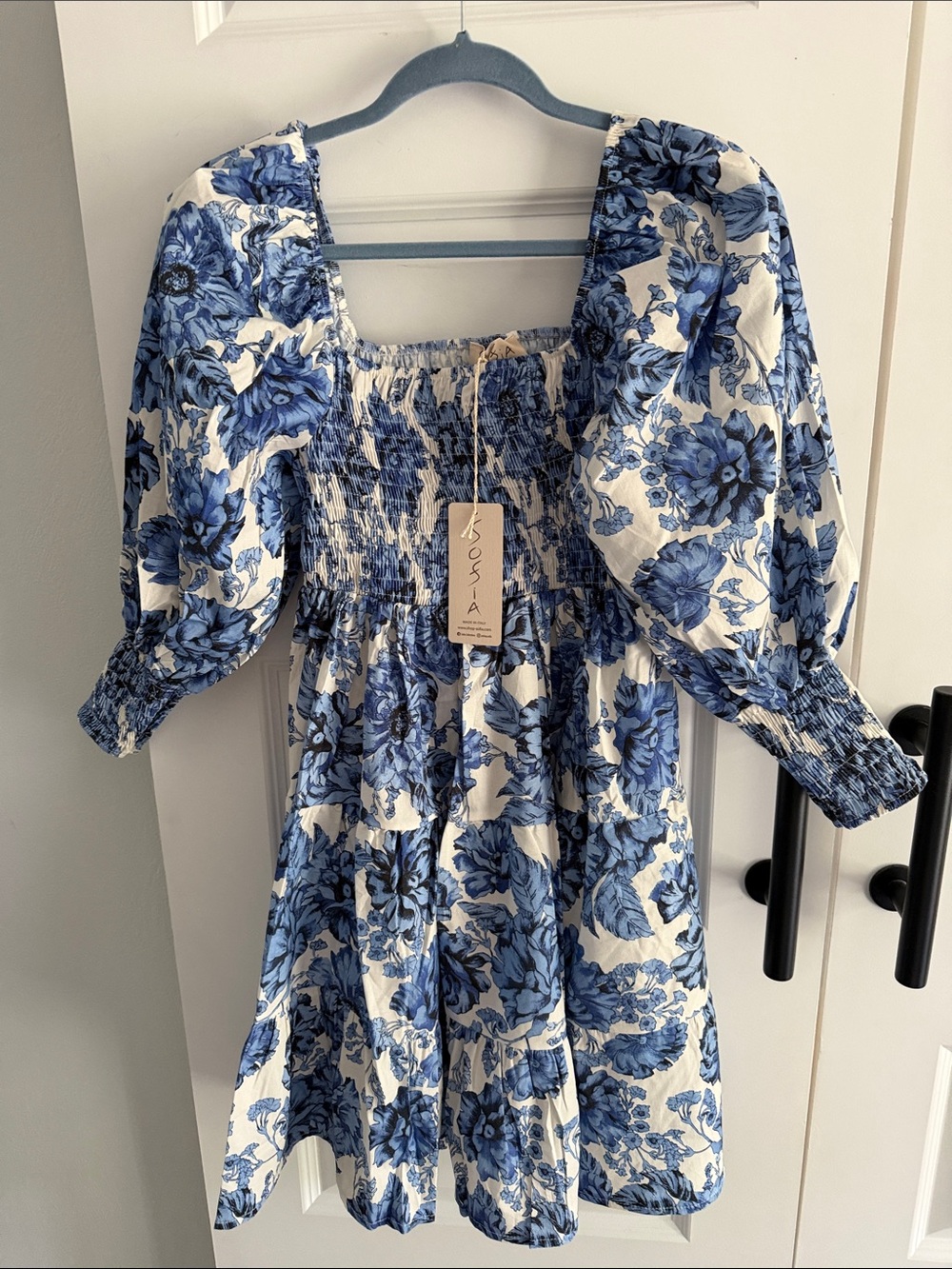Blue Floral Handsewn in Italy cotton Smocked Mini Dress One size